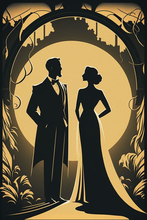 Art Deco Couple Illustration, Art Deco Digital Art, Art Deco City, Art Deco Drawing, Romantic Picture, Art Deco Pictures, Printable Wall Art Living Room, Arte Pin Up, Silhouette Sketch