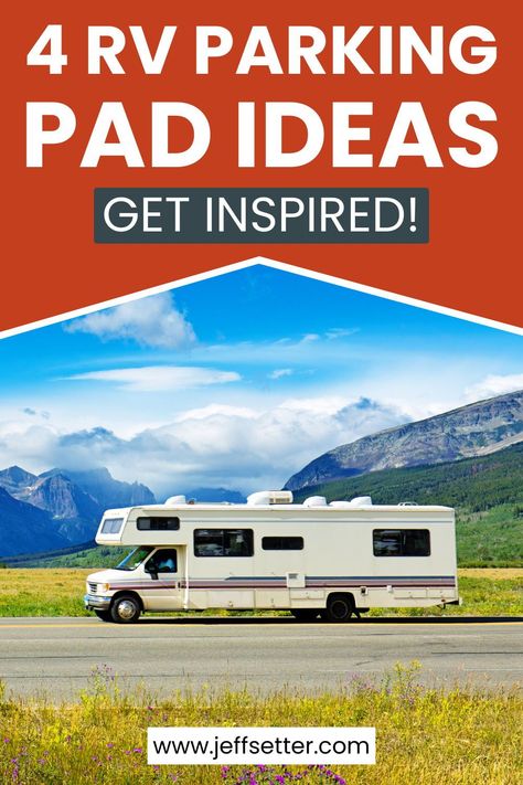 Parking pads don't have to be boring! Great creative and add some style with these amazing ideas on the cheap! Camper Pad Ideas, Rv Parking Pad Ideas Backyard, Rv Parking Pad Ideas, Parking Pad Ideas, Cement Pavers, Rv Interior Design, Gravel Parking, Permeable Pavers, Rv Cover