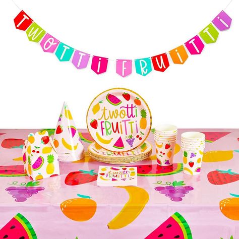 PRICES MAY VARY. Serves 24: This tutti frutti birthday party pack comes with enough tableware for 24 guests; contains 24 paper plates, napkins, cups, and party hats with 12 treat boxes, 2 table covers and 1 "Twotti Fruitti" birthday banner; 111 total pieces Tutti Frutti Party Decorations: The colorful tableware set, napkins, goodie boxes, and paper cups feature colorful fruit ; the 2nd birthday decorations is perfect for creating a celebratory atmosphere for your little girls upcoming birthday p Tutti Frutti Party Decorations, 2nd Birthday Decorations, Twotti Fruitti, Twotti Fruity, Tutti Frutti Birthday Party, Tutti Frutti Party, Plastic Party Plates, Birthday Party Packs, 2nd Birthday Party