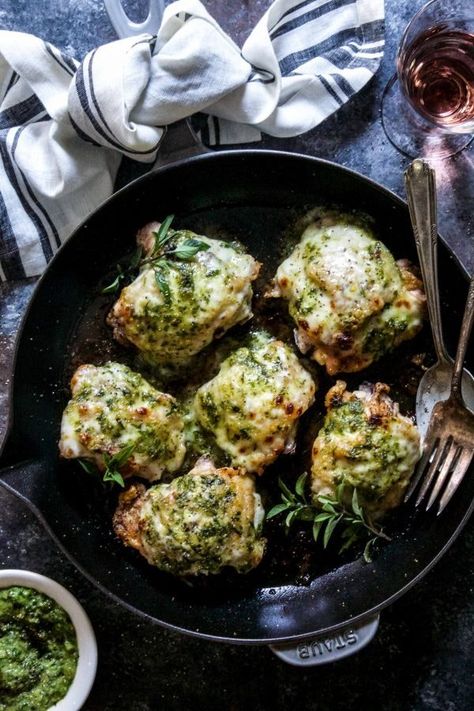 Crispy Cast Iron Skillet Chicken With Pesto Recipe. Chicken thigh recipes are an easy and healthy way to make something quick for dinner! This is wonderful if you're looking for ideas and recipes for simple weeknight meals. You'll need one pan, chicken, mozzarella, pesto and pasta or rice to serve! Chicken With Pesto, Crispy Chicken Thighs, Cooking Light Magazine, Small Food Processor, Pesto Recipe, Skillet Chicken, Pesto Chicken, Ready Meal, Crispy Chicken