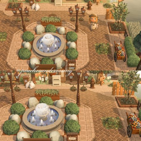 Acnh Dark Academia Neighborhood, Acnh Suburban Entrance, Acnh European Citycore Entrance, Animal Crossing Square Ideas, Animal Crossing Courtyard Ideas, Acnh Square Ideas, Anch Island Layout, Acnh Town Square, Acnh European Citycore