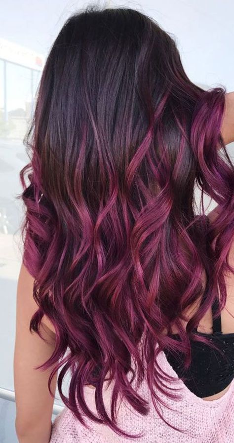 Plum Balayage Hair - Best Balayage Hair. Balayage For Dark Hair. Ombre, Blonde, Caramel, Red, Black Hair Balayage. #balayage ##balayagehair #balayageombre #haircolor #ombrehair #ombrehaircolor #balayagehighlights Plum Balayage, Caramel Hair Highlights, Dark Purple Hair, Black Hair Balayage, Brunette Balayage, Red Highlights, Hair Color Highlights, Trendy Hair Color, Balayage Brunette