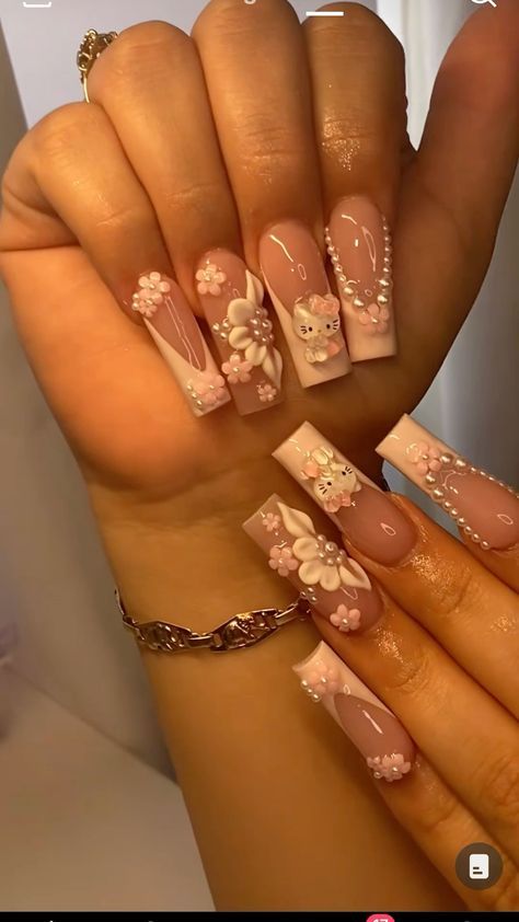 Hello Kitty Nails Medium Square, Hello Kitty Nails With 3d Flower, Cute Pink Nails With Charms, Pink 3d Flower Nails Short, Medium Square Acrylic Nails 3d Flowers, Medium Nails With Charms, Hello Kitty Acrylic Nail Designs, Hello Kitty Nails Medium, Mymelody Nails