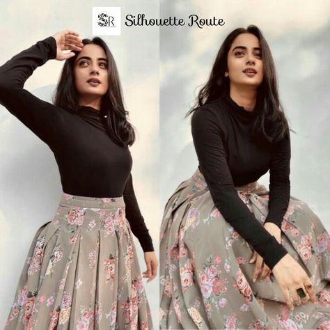 Floral long skirt Skirt And Top Styling, Sheer Top And Skirt Outfit, Tops For Skirts Indian Casual, Black Long Skirt Outfit Indian, Hairstyles For Skirt, Long Skirt Top Designs Wedding, Long Skirt Outfits For Wedding, Indian Skirt And Top Outfits, Hairstyle For Skirt And Top