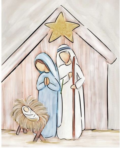 Nativity Drawings Simple, Christmas Ornament Canvas Painting, Christmas Winter Paintings On Canvas, Nativity Picture Printable, Painted Manger Scene, How To Draw A Nativity Scene, Nativity Scene Painting Simple, Christmas Presents Watercolor, Easy Nativity Drawing