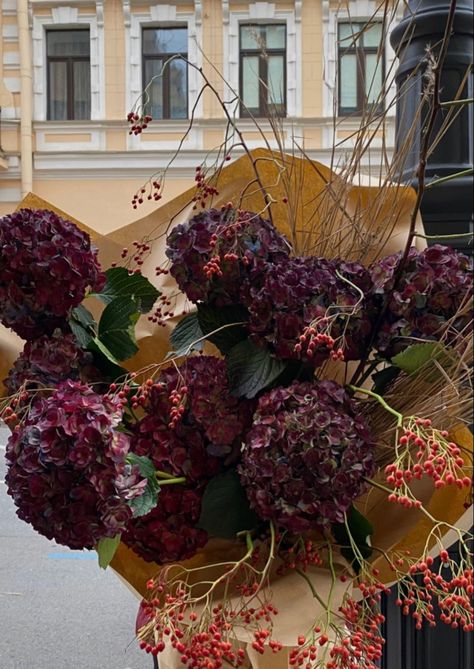 Winter Bouquet Aesthetic, Dark Red Hydrangea, Purple Fall Flower Arrangements, Red Hydrangea Bouquet, Exotic Flowers Bouquet, Winter Bouquet Flowers, Winter Flowers Aesthetic, Flower Bouquet Hydrangea, Dark Hydrangea