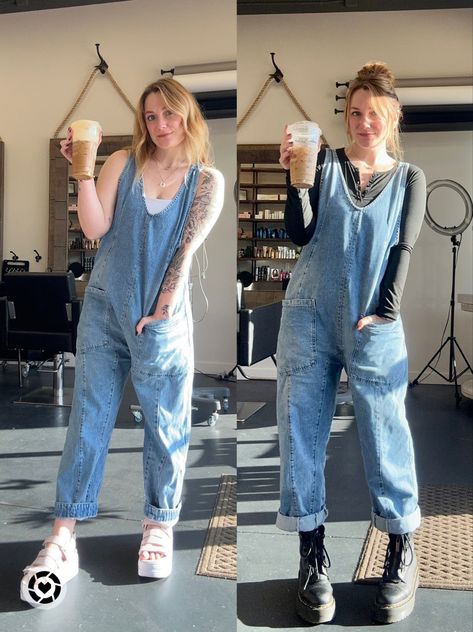 Summer to fall overalls outfit. These are the free people overalls but see my other posts for the amazon dupe that I love just as much! Follow my shop @baker.blooms on the @shop.LTK app to shop this post and get my exclusive app-only content! #liketkit #LTKshoecrush #LTKstyletip #LTKSeasonal @shop.ltk Office Overalls Outfit, Overalls With Blazer, Halara Overalls Outfit, Free People 2023, Cream Overalls Outfit Fall, Layered Overalls Outfit, Wide Leg Overalls Outfit Fall, Wide Leg Overalls Outfit Winter, Free People Denim Jumpsuit