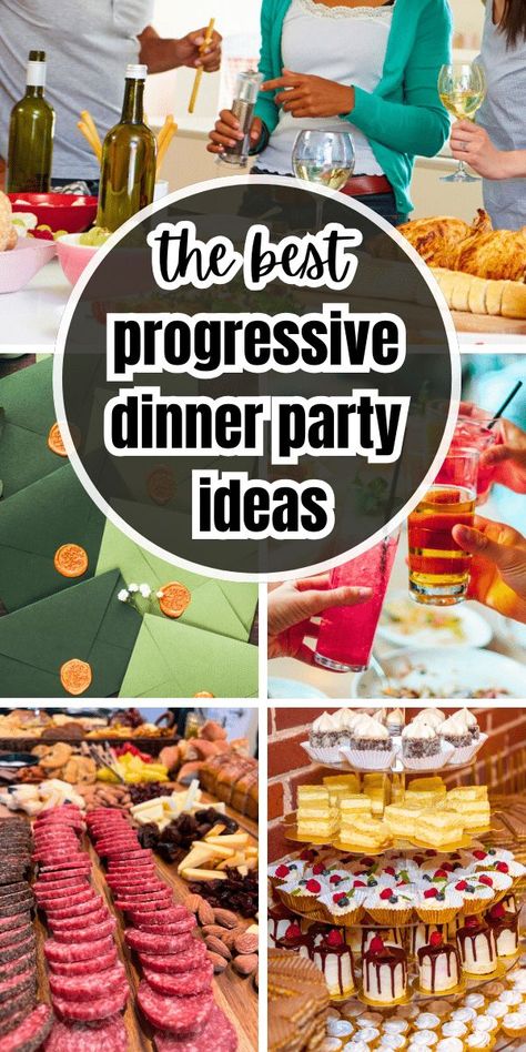 How to host a progressive dinner party. Great neighborhood party idea or family holiday tradition! Includes ideas for progressive dinner food and more fun for progressive dinners / rotating dinner party. AWESOME FOOD PARTIES IDEAS / POTLUCK IDEAS! #progressivedinner #neighborhoodparty #walkingdinner #roundrobinparty #partytheme #pitchin #potluck #bestparties Progressive Dinner Themes, Party Dinner Ideas, Potluck Themes, Progressive Dinner Party, Potluck Dinner Party, Christmas Potluck, Dinner Party Ideas, Neighborhood Party, Progressive Dinner