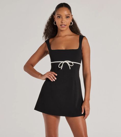 Embrace romance in this crepe mini dress that features a sleeveless square neckline with tank-like straps, a charming bow accented trim under the bust, and a flared mini-length hem with an A-line silhouette. Complete your look with sleek flats!Fit & FeaturesCrepe fabric with knit lining, moderate stretchSleeveless square neckline, dart seamsTank-like shoulder strapsBow accented trim under bustBack zipper closureFlared mini-length hem, A-line silhouetteRuns true to size Black And White Graduation Dress, Black And White Mini Dress, Uga Outfits, Mini Dress Pattern, Orange Homecoming Dresses, Casual Black Dress, Hoco 2024, Backless Dress Short, Purple Homecoming Dress