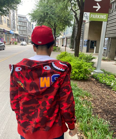 Red Bape Hoodie Outfit, Bape Hoodie Outfit, Hoodie Bape, Bape Outfits, Bape Hoodie, Money Stacks, Outfit Red, Hoodie Style, Zip Hoodies