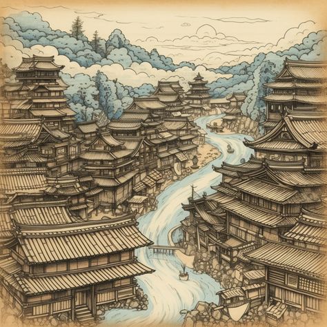 Samurai Village Concept Art, Old Japanese Architecture, Japanese Village Drawing, Japanese Village Concept Art, Japanese Old Painting, Old Japanese Aesthetic, Old Japanese Village, Japanese Old Art, Japanese Sketch Art