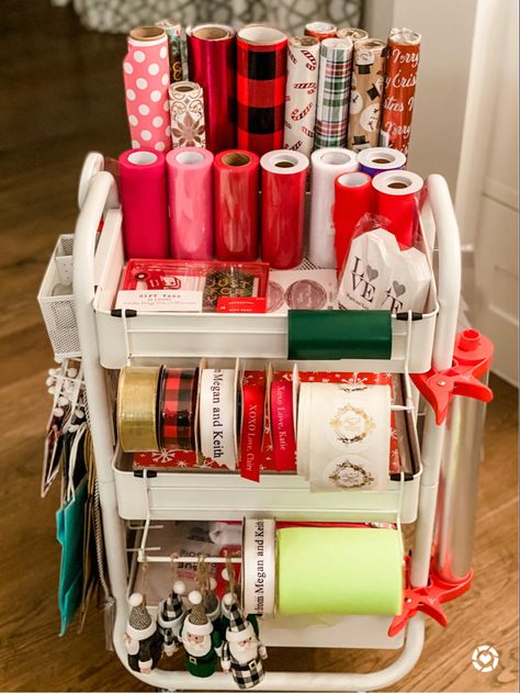 This Gift Wrapping Rolling Cart makes me so dang HAPPY 😂! What I love most about this guy is that all my wrapping essentials is in one place, organized, & I can actually see what I’m running out of! • My gift wrapping essentials: 1. Personalized Ribbon (makes for a great gift) for “gift tags” 2. Tulle Ribbon, makes for an easy, effortless, big bow! 3. Plaid & Gingham Gift Wrap. Love a Buffalo Plaid Ribbon tied around Leopard Gift Wrap, so cute! 4. Gift Sacks, Brown Gift sacks especially bc you Christmas Wrapping Station Ideas, Gift Wrap Cart, Hello Gift, Gift Wrapping Station, Wrapping Station, Diy Stool, Buffalo Plaid Ribbon, Gift Sack, Gift Wrapping Techniques