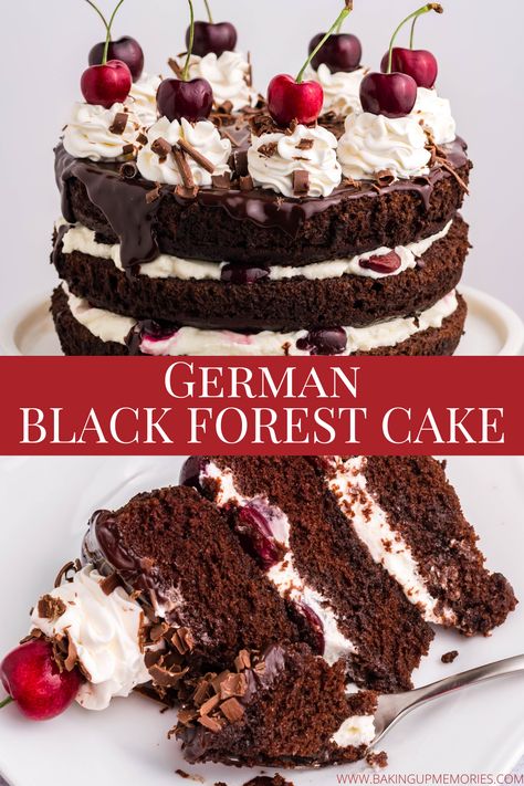 This decadent German Black Forest Cake recipe features fluffy chocolate sponge cake, layered with fresh whipped cream and cherries. This cake is light, perfectly sweet, and delicious. #germanblackforestcake #easycakerecipes #cakes #cherrycakerecipes #chocoaltecakerecipes #easydessertrecipes German Black Forest Cake Recipe, Black Forest Gateau Recipe, Black Forest Cherry Cake Recipe, Black Forest Bundt Cake Recipe, Black Forest Cake Recipe Easy, German Deserts, German Black Forest Cake, Black Forest Cherry Cake, Black Forest Cake Easy