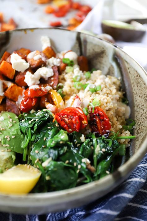 Healthy Dinners For Kids, Sweet Potato Seasoning, Grain Bowls, Poke Bowls, Roasted Cherry Tomatoes, Grain Bowl, Sauteed Spinach, Mexican Rice, Healthy Meals For Two