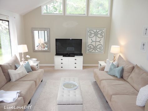 Love the color scheme. Two side walls Glidden - Smooth Stone and the accent wall Behr - Stone Cliff. Off White Paint Colors, Best Neutral Paint Colors, Wall Colours, Living Room Reveal, Stone Interior, Behr Paint, Wall Accent, White Paint Colors, Room Paint Colors