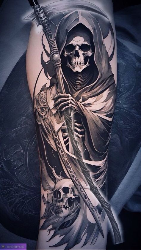 Tattoo Sleeve Themes, La Muerte Tattoo, Grim Reaper Drawing, Graveyard Tattoo, Grim Reaper Tattoo, Mexican Art Tattoos, Reaper Tattoo, Skull Sleeve Tattoos, Skull Sleeve