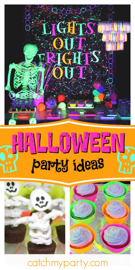 Halloween Glow Party Classroom, Diy Black Light Halloween Decorations, Lights Out Frights Out, Halloween Glow In The Dark Party, Halloween Glow Party Ideas, Neon Halloween Party Ideas, Black Light Halloween Party Ideas, Glow Halloween Party, Glow In The Dark Halloween Party