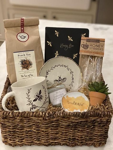 Bee Gift Basket, Bee Dessert, Tea Lovers Gift Basket, Chamomile Candle, Welcome Home Basket, Bee Journal, Bee Positive, Creative Gift Baskets, Homemade Gift Baskets