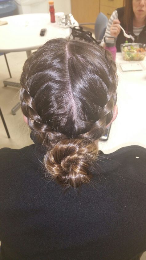 French Braid To A Bun, Two Braids To A Bun, Braids That Go Into A Bun, 2 Braids With Buns In Back, Hair Braided Into Bun, French Braids Into Low Bun, Cute Buns For Dance, Double French Braid Bun, Two Braids Into One Bun