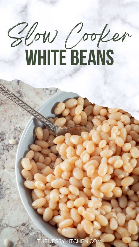 Cooking white beans from scratch in the slow cooker is so simple and adds so much flavor to the recipes that use them! Try them in soups, hummus and more. White Soup Beans, White Beans Crockpot Easy, Crock Pot White Beans, White Northern Beans Recipes Crock Pot, Cooking Beans In Crockpot, White Beans In Crockpot, White Bean Crockpot Recipes, Easy White Bean Recipes, Cooking Dry Beans In Crockpot