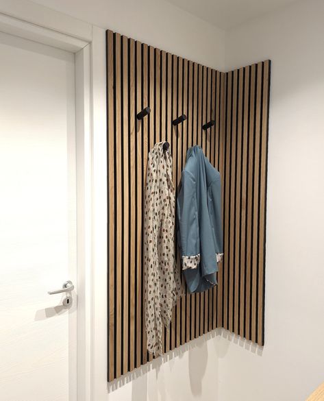 Wooden slat wall, wall panels & acoustic panels » WoodUpp Slat Wall With Hooks, Akupanel Wall, Hallway Coat Hanger, Einrichtung Diy, Wooden Slat Wall, Flooring On Walls, Sas Entree, Space Saving Furniture Bedroom, Wooden Coat Hangers