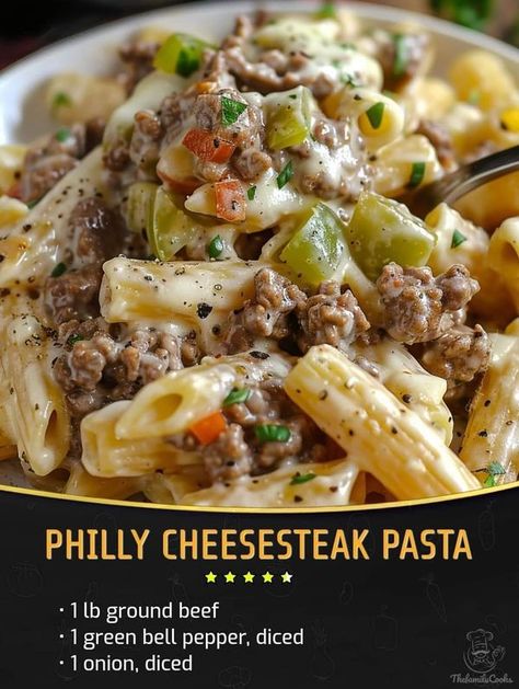 Grandma Tasty Recipes | Philly Cheesesteak Pasta | Facebook Provolone Cheese Sauce, Philly Cheesesteak Pasta, Cheesesteak Pasta, Steak Pasta, Sliced Steak, Philly Cheese, Green Bell Pepper, Pasta Ingredients, Philly Cheesesteak