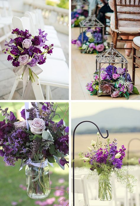 Purple Flower Table Decorations, Purple Flower Arrangements Centerpieces, Purple Ceremony Arch, Violet Wedding Bouquet, Purple Floral Arrangements, Lavender Themed Wedding, Purple Table Settings, Flower Aisle, Purple And White Wedding