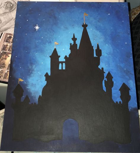 #disney #disneyworld #wdw #castle #cinderellascastle #canvas #diy #forsale #waltdisney #castlecanvas #neverland #sky #silhouette Easy Castle Painting, Disney Castle Silhouette, Sky Silhouette, Castle Silhouette, Magical Sky, Pink Canvas Art, Castle Painting, Dark Castle, Canvas Diy