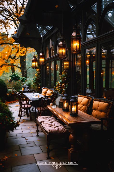 Dark And Moody Outdoor Space, Moody Maximalist Outfit, Moody Outdoor Patio, Moody Porch, Moody Nature Aesthetic, Moody Patio, Moody Sunroom, Rustic Outdoor Seating, Moody Backyard