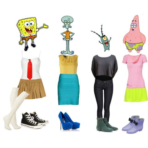 SpongeBob, Squidward, Plankton and Patrick from SpongeBob Square Pants Spongebob Patrick And Squidward Costumes, Squidward Outfit, Cartoon Characters Inspired Outfits, Spongebob Group Costumes, Spongebob Inspired Outfits, Plankton Costume, Spongebob Outfit Ideas, Cartoon Characters Outfits, Disney Characters Outfits