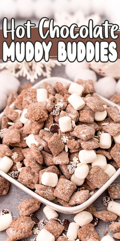 Hot Chocolate Muddy Buddies, Smores Muddy Buddies, Chex Holiday Muddy Buddy, Hot Cocoa Puppy Chow, Muddy Buddy Flavors, Hot Cocoa Chex Mix Recipe, Snacks With Hot Chocolate, Winter Chex Mix Recipe, Muddy Buddy Variations