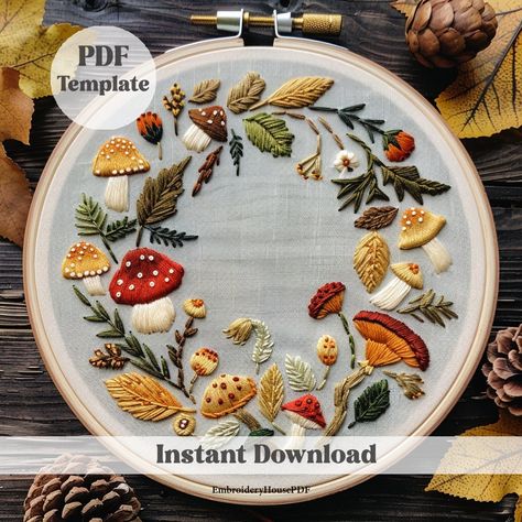 INCREDIBLE OFFER! ACCESS TO MY ENTIRE STORE + UPDATES https://www.etsy.com/listing/1689376920 Craft woodland magic with our Mushroom Wreath Hand Embroidery Pattern! This digital download offers a beautiful, unique design perfect for all skill levels. Ideal for personal projects, thoughtful gifts, and adding a touch of nature-inspired whimsy to your home decor. Happy stitching! Each PDF file includes: 🍄  The design in 6 different sizes: 3,4,5,6,7 and 8 inches, giving you the flexibility to adapt Autumn Leaf Embroidery Pattern, Autumn Embroidery Patterns, Cottage Core Embroidery, Cottage Core Crafts, Embroidery Forest, Cottage Embroidery, Wreath Embroidery Pattern, Woodland Embroidery, Mushroom Autumn