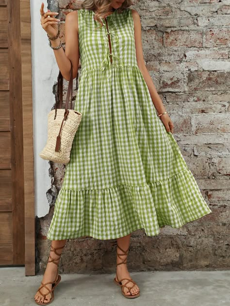 Women Round Neck Sleeveless Tie-Waist Plaid Ruffle Hem Elegant Dress Multicolor Cute  Sleeveless Woven Fabric Gingham,Plaid Smock Non-Stretch  Women Clothing, size features are:Bust: ,Length: ,Sleeve Length: 2024 Outfit Trends For Women, Tie Dress Pattern, Gingham Dress Outfit, Gingham Sundress, Womens Figure, Sewing Dresses For Women, Gingham Fashion, Drawstring Dress, Dress Patterns Free