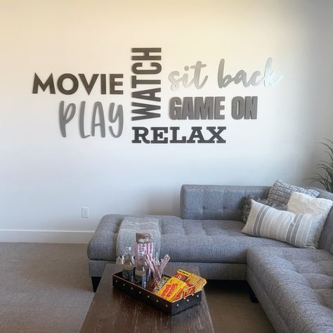 Home Decor Ideas and Inspiration from the Parade of Homes | Media Room Gallery Wall | CraftCuts.com | CraftCuts.com White Home Decor Ideas, Teen Game Rooms, Media Room Decor, Game Room Wall Decor, Room Gallery Wall, Black And White Home Decor, Wall Letter, Black And White Home, Family Room Walls