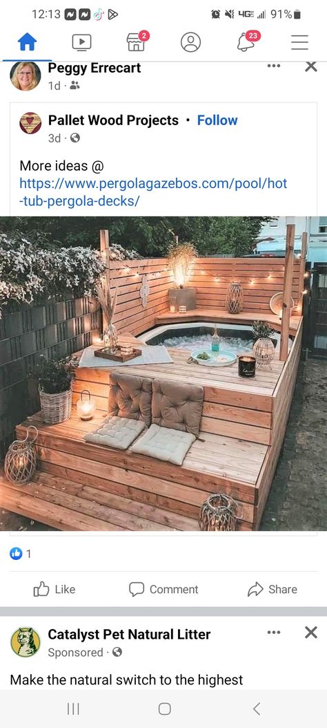 Underdeck Patio Ideas With Hot Tub, Deck Hangout Ideas, Hotub Ideas Deck, Hot Tub Pallet Ideas, Wood Deck With Hot Tub, Hot Tub On Side Of House, Hot Tub Side Yard, Pallet Hot Tub Deck, Pool Deck Made From Pallets