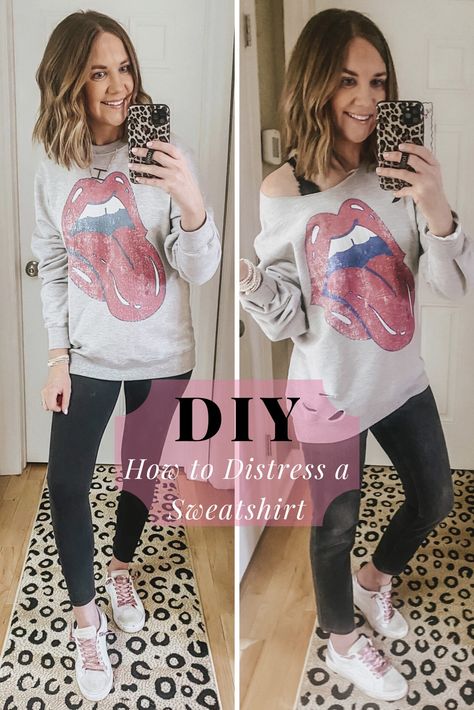 DIY-how-to-distress-a-sweatshirt Cut Sweatshirt Diy, Off Shoulder Diy, Sweatshirt Diy, Sweatshirt Makeover, Plain Sweatshirt, Distressed Sweatshirt, Diy Sweatshirt, Diy Clothes Design, Glitter Diy