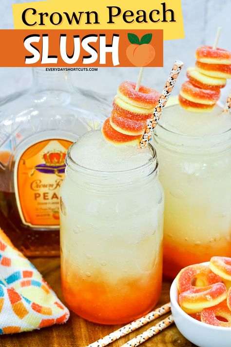 Crown Peach Slushies, Crown Peach Slush, Crown Peach Beach Drink, Slushes With Alcohol, Peach Beach Drink With Peach Crown, Girly Drinks Alcohol Easy, Bar Drink Specials Ideas, Peach Punch Alcoholic, Peach Ring Alcoholic Drink