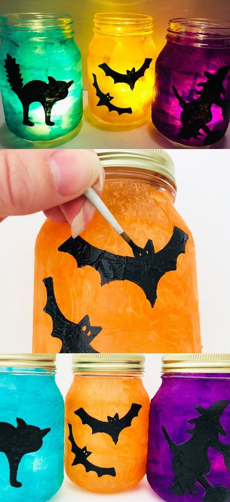 The most fabulous mason jar Halloween craft for kids. Make these eerie glowing jars for your Halloween party. A great Halloween decoration. Halloween Craft Party For Kids, Kid Craft Halloween, Halloween Books With Crafts, Halloween Crafts Mason Jar, Spooky Jars Diy, Halloween Jar Lanterns, Art And Crafts For Kids Halloween Party, Diy Mason Jar Halloween Decorations, Halloween Crafts For Kids 6-8