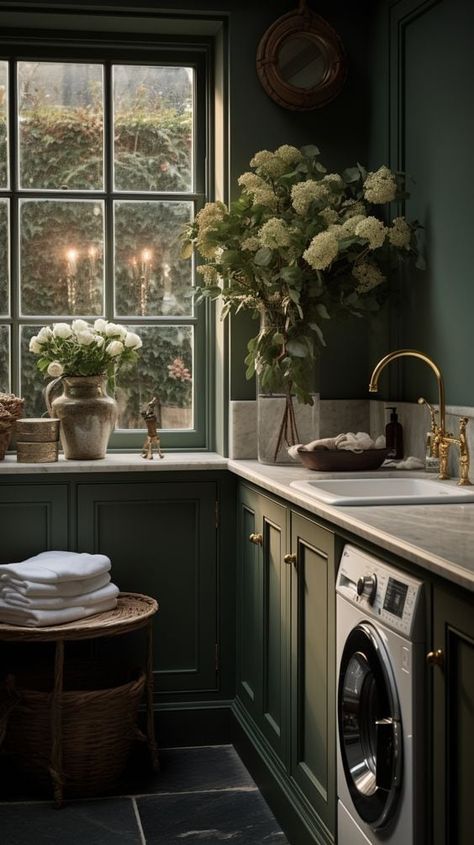 Laundry Room Ideas Dark Green, Laundry Room Mudroom Makeover, Moody Utility Room, Gray Laundry Room Ideas, Green Laundry Room Walls, Dark Green Laundry Room, Laundry Room Green, Dark Laundry Room, Moody Laundry Room