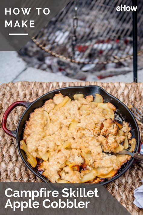 This campfire skillet apple cobbler is the perfect camping dessert! It's super quick to prepare in advance, packs and travels like a dream and creates the most impressive fireside treat. Once you've made a dessert this delicious on the fire, you'll never go camping without it again! Skillet Apple Cobbler, Campfire Cobbler, Skillet Desserts, Campfire Desserts, Cobbler Topping, Camping Desserts, Apple Cobbler, Cast Iron Recipes, Dutch Oven Recipes