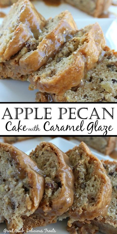 Apple Pecan Cake with Caramel Glaze is a scrumptious cake recipe loaded with apples and pecans, topped with a caramel glaze. #applecakerecipes #greatgrubdelicioustreats Caramel Apple Pound Cake Recipe, Apple Pecan Caramel Cake, Apple Pecan Cake With Caramel Glaze Recipe, Glazed Loaf Cake, Apple Pecan Bundt Cake Recipes, Apple Pecan Pound Cake, Apple Bread With Caramel Glaze, Apple Pecan Cookies, Small Batch Apple Cake Recipe