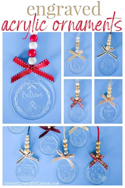 How to make acrylic engraved ornaments for your Christmas tree. Learn how to use the engraving function on your Cricut to etch beautiful designs in acrylic ornament blanks. Add ribbon and wooden beads to complete the ornament. Diy Round Acrylic Ornaments, Cricut Etched Acrylic, Engraved Acrylic Ornament Cricut, Acrylic Circle Ornaments Diy, Acrylic Photo Ornaments Diy, Acrylic Disc Ornaments Diy, Acrylic Blank Ornament Ideas, Acrylic Christmas Ornaments Cricut, Christmas Acrylic Ornaments