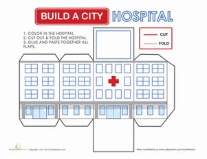 Can you believe this cut-out can fold into a mini hospital building? Add to your paper city masterpiece with this printable. You and your child can color, cut and fold together, building her fine motor skills and her imagination. Print on thicker paper, and you'll have a city that will last for years. Keep on constructing with more Build a City sheets. #educationdotcom Printable Buildings Templates, Paper City Printable, Hospital Model, Paper House Printable, Build A City, Paper House Template, Origami Templates, Pola Kotak, Building Crafts