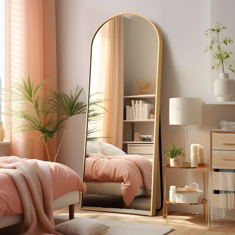 Exquisite wall mirror is a perfect showcase for a vibrant and timeless focal point in your home. Crafted with a slim metal frame, this mirror not only adds robustness and color but also offers a sophisticated accent piece with its beautiful arched shape, providing a symmetrical and eye-catching look. Make the smart choice for your home decor with this exceptional mirror Big Mirror In Bedroom, Full Length Mirror In Bedroom, Full Length Mirror Stand, Arch Floor Mirror, Mirror Standing, Gold Room Decor, Gold Bedroom Decor, Floor Length Mirror, Metal Arch