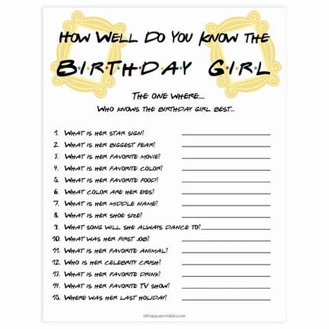 friends birthday games, how well do you know the birthday girl, printable birthday games, friends birthday, fun birthday games