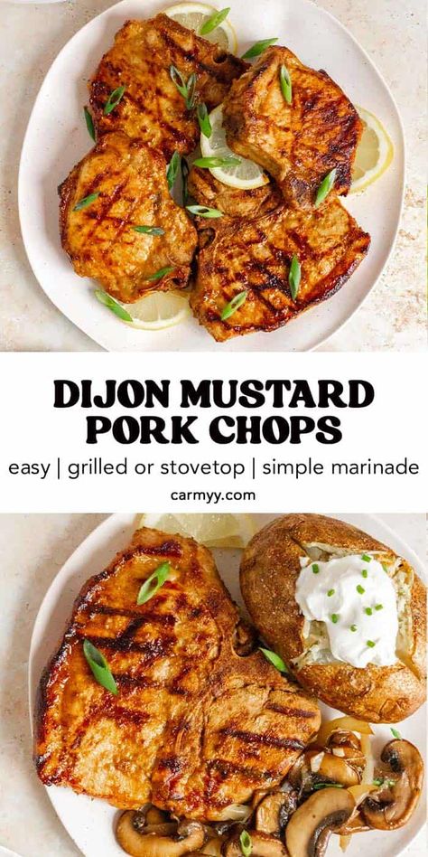 Fire up the grill (or grill pan) and make these Dijon mustard grilled pork chops for your next meal! They’re the perfect balance of sweet and tangy flavors, and they come together in a few simple steps. The marinade is made with a handful of pantry staples, so you can whip this grilled pork chop recipe up any time! Grilled Bone In Pork Chops, Healthy Pork Chop Recipes, Pork Chop Marinade, Mustard Pork Chops, Pork Chop Recipe, Mustard Recipe, Grilled Pork Chops, Making Food, Marinade Recipes