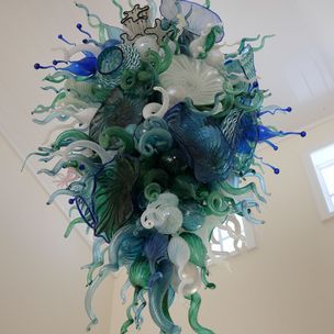 Modern Chandelier Foyer, Chandelier Blue, Art Chandelier, Hand Blown Glass Chandelier, Blown Glass Chandelier, Hand Blown Glass Art, Foyer Chandelier, Glass Light Fixture, Custom Chandelier