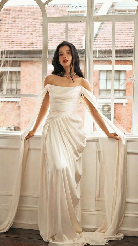 Straight Bodice Wedding Dress, Padme Inspired Dress, Asian Inspired Wedding Dress, Drape Sleeve Wedding Dress, Ideal Partner Qualities, Dark Academia Wedding Dress, Structured Wedding Dress, Wedding Dress Fairytale, Wedding Dinner Dress