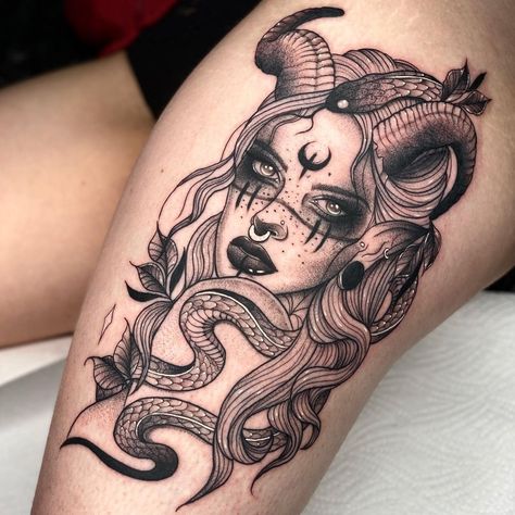 Hayley Ploos Tattoos 🌙 on Instagram: “‘Lilith’ first tattoo for the lovely Paige Thanks for your trust and sitting so well . Books open 23rd Jan for March/April . . .…” Tattoo Painting, Medusa Tattoo Design, Witch Tattoo, Goddess Tattoo, Medusa Tattoo, Dark Tattoo, Feminine Tattoos, Tattoo Designs For Women, Blackwork Tattoo