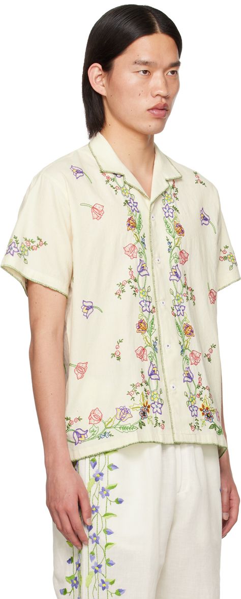 Hand-woven cotton hopsack shirt. Blanket stitching and floral pattern embroidered throughout. · Open spread collar · Button closure Supplier color: Off white Shirt Blanket, White Embroidered Shirt, Stitch Shirt, Embroidery Motifs, Cocktail Attire, Shirt Embroidery, Cotton Blankets, Woven Cotton, Embroidered Shirt